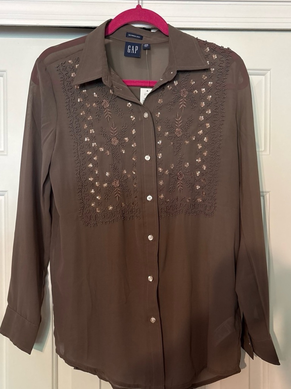 NWT GAP Brown Embroidered Boyfriend Button-Down Shirt